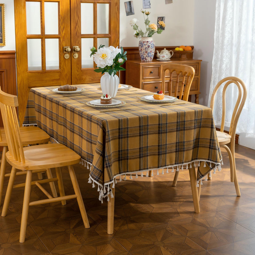 Plaid Rectangle Tablecloth Farmhouse Tassel Design