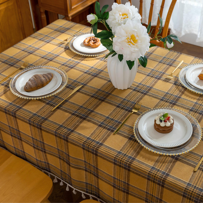 Yellow Plaid Rectangle Tablecloth Farmhouse Tassel Design