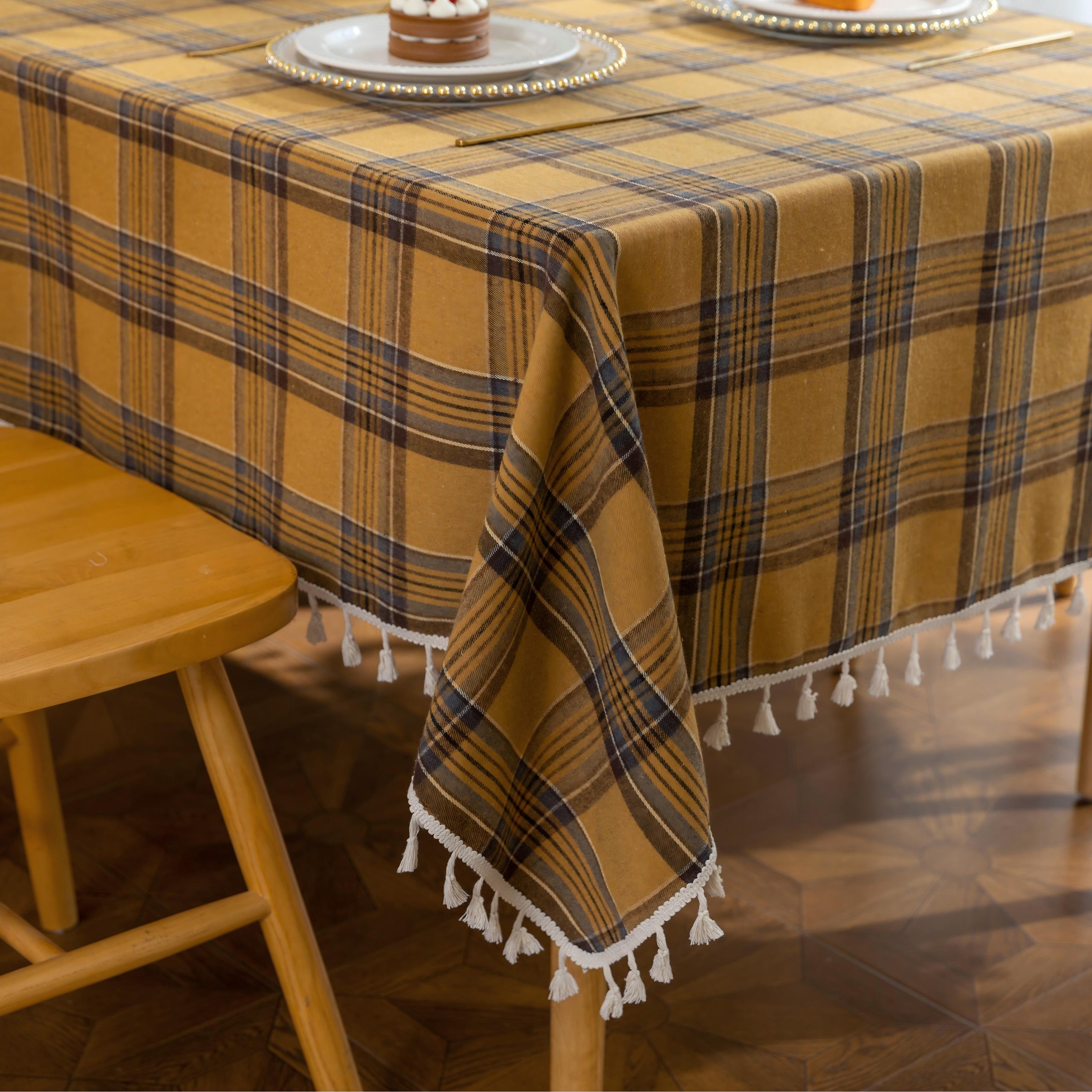 Yellow Plaid Rectangle Tablecloth Farmhouse Tassel Design