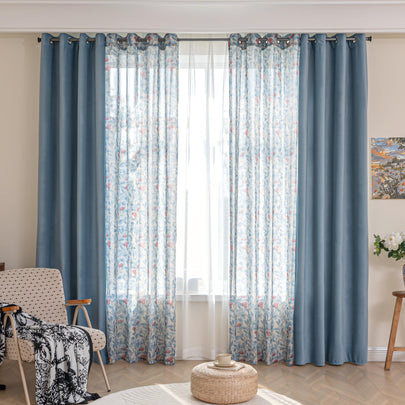 Erbnaryx Mix and Match Curtains 4 Panels Set - 2 Pieces FLoral Print Sheer Curtains and 2 Pieces Velvet Curtains for Bedroom Living Room Grommet Window Drapes