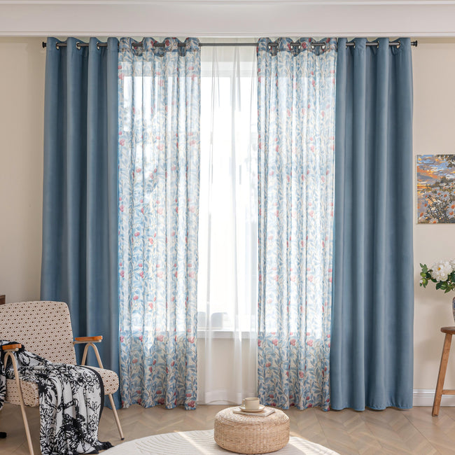 Erbnaryx Mix and Match Curtains 4 Panels Set - 2 Pieces FLoral Print Sheer Curtains and 2 Pieces Velvet Curtains for Bedroom Living Room Grommet Window Drapes