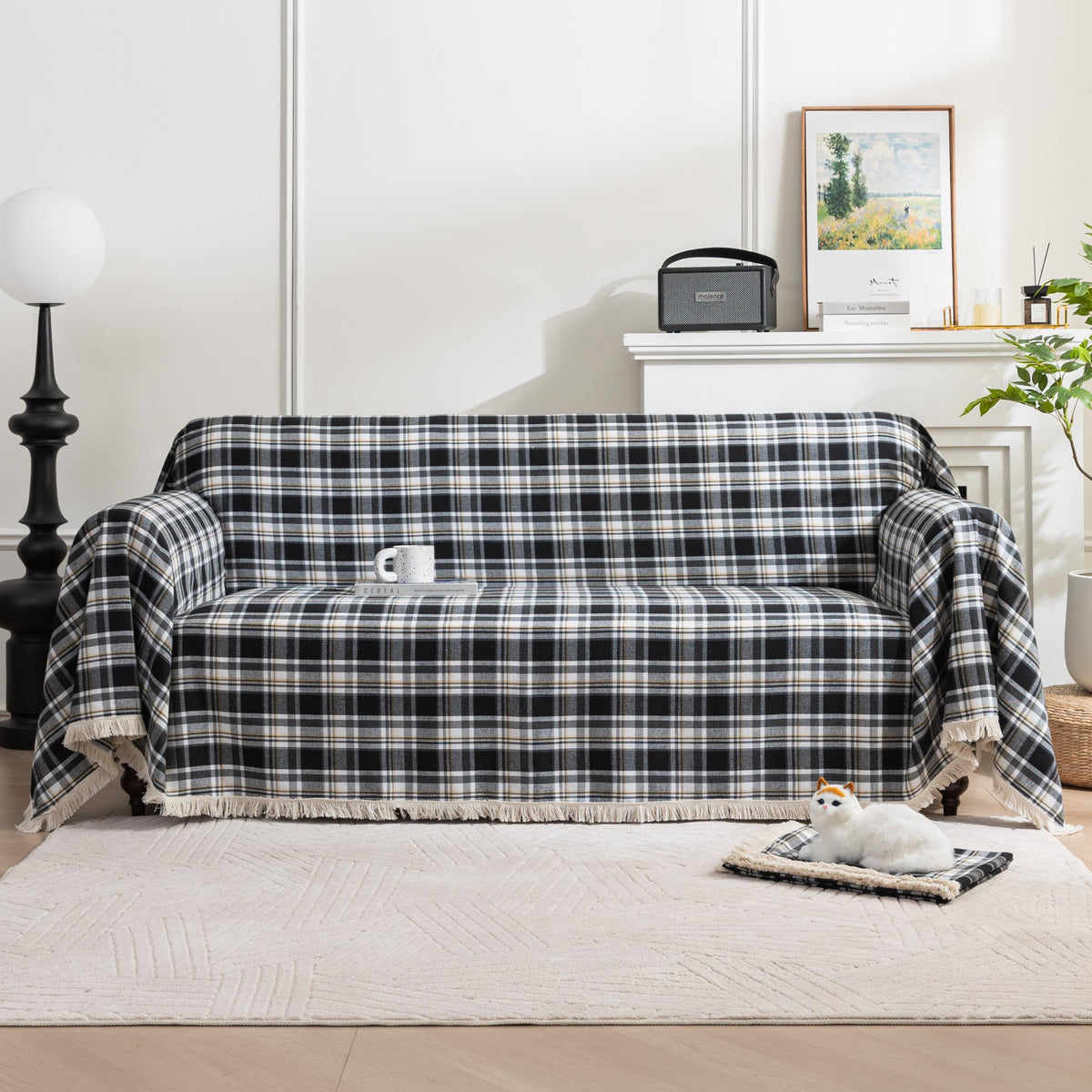 Black White Plaid Couch Covers with Tassel