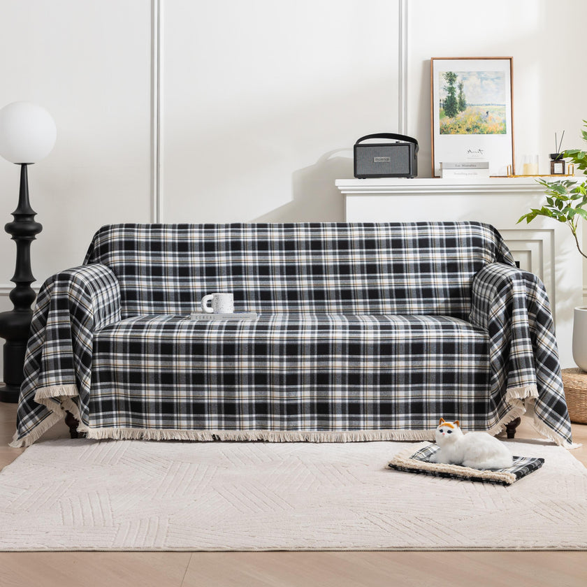 Black White Plaid Couch Covers with Tassel