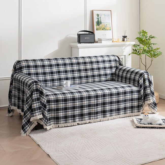 Black White Plaid Couch Covers with Tassel