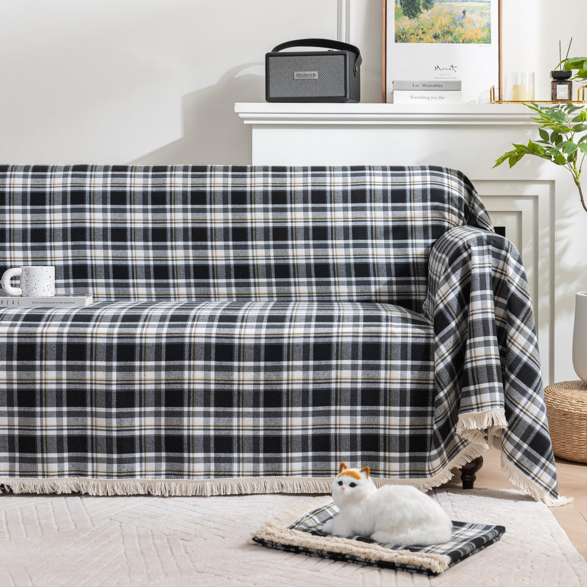 Black White Plaid Couch Covers with Tassel