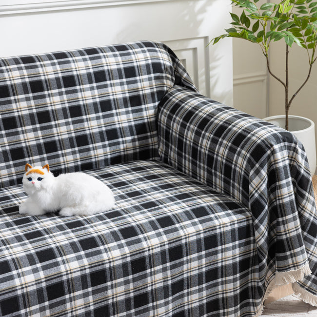 Black White Plaid Couch Covers with Tassel