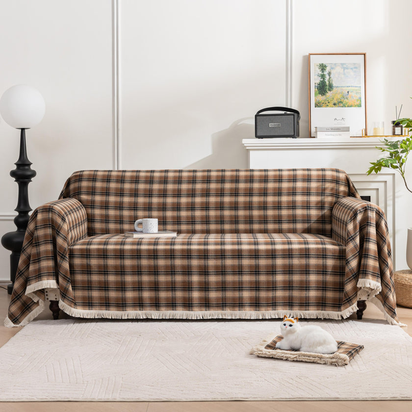 Coffee Plaid Couch Covers with Tassel