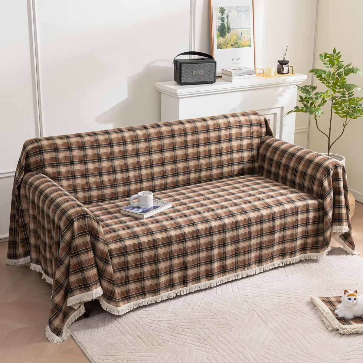 Coffee Plaid Couch Covers with Tassel