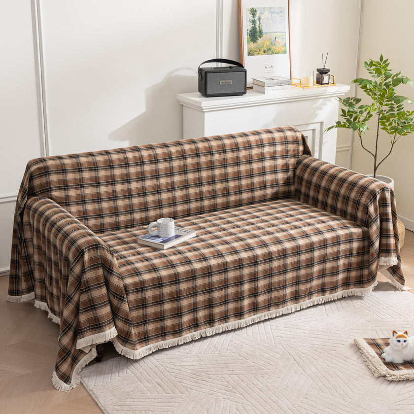 Coffee Plaid Couch Covers with Tassel