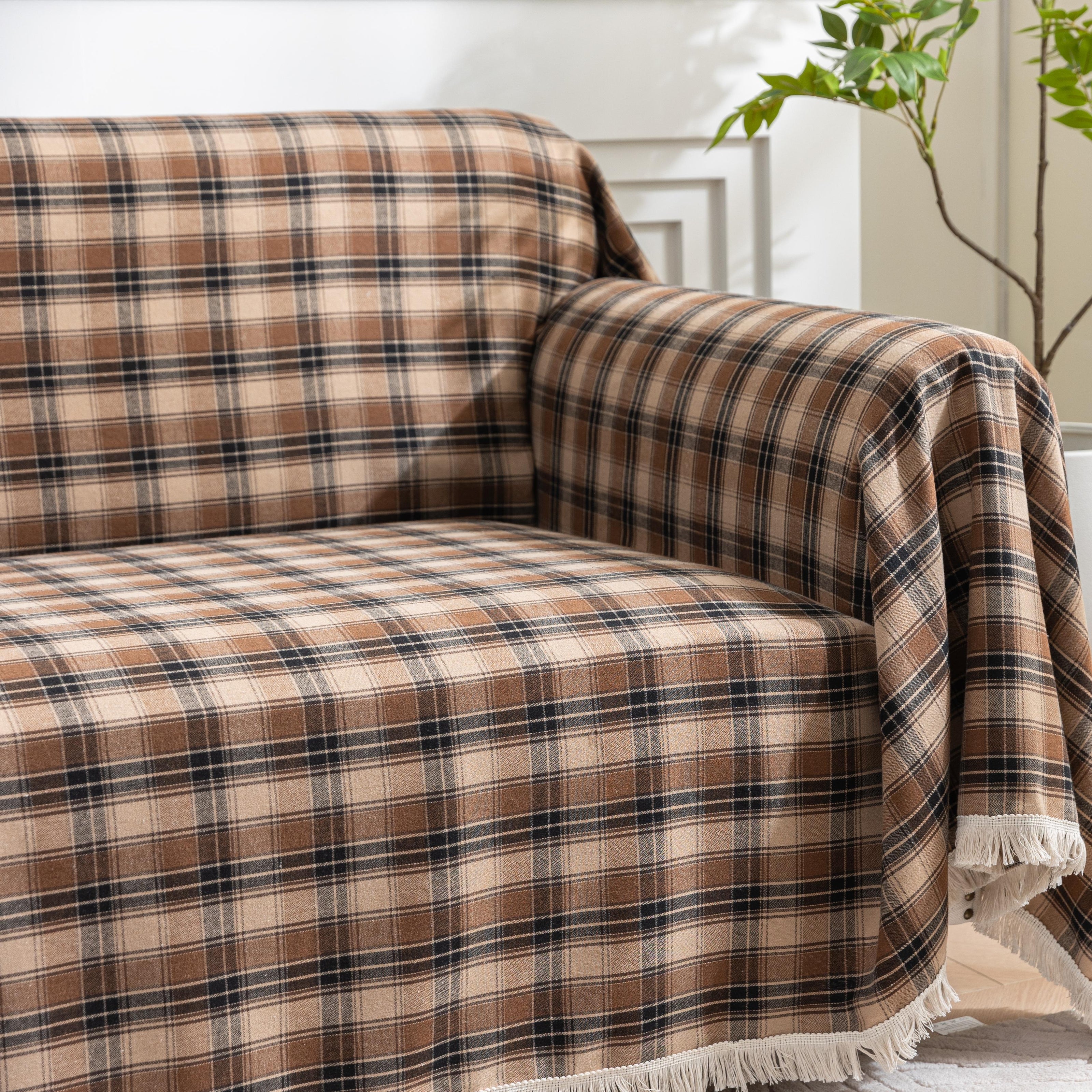 Coffee Plaid Couch Covers with Tassel