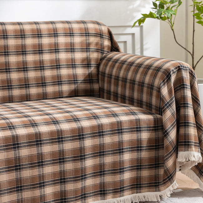 Coffee Plaid Couch Covers with Tassel