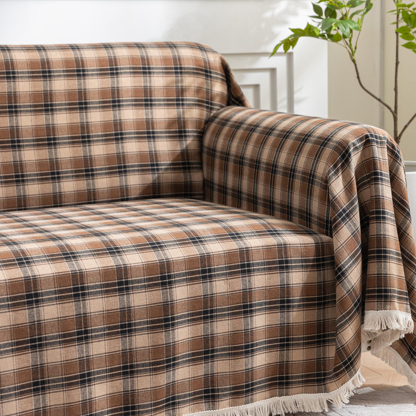 Coffee Plaid Couch Covers with Tassel