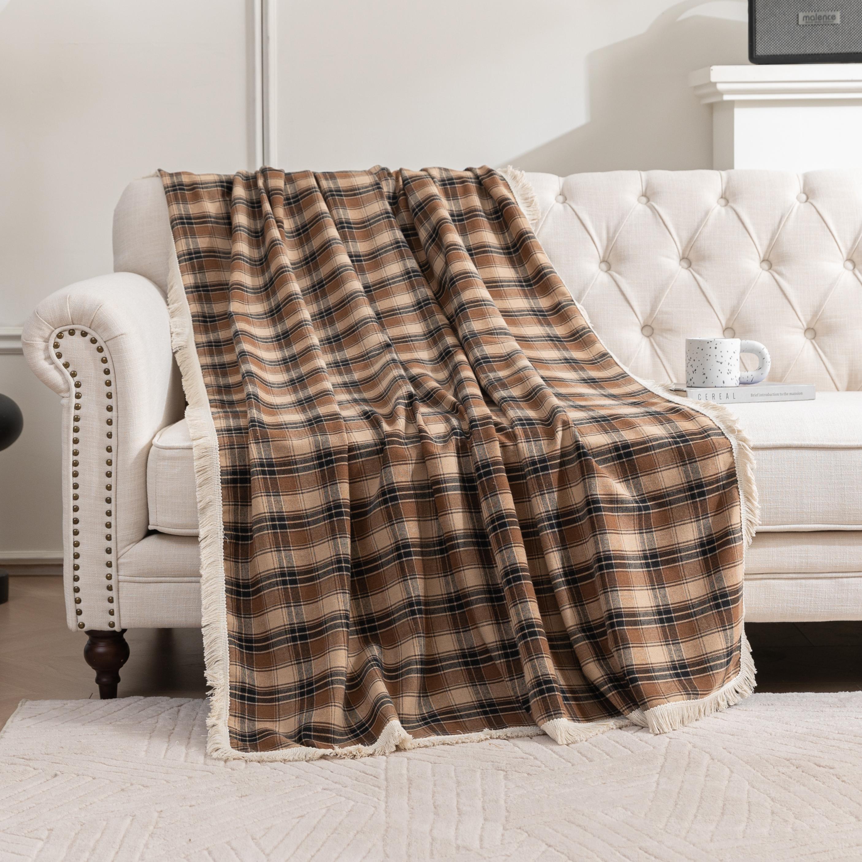 Coffee Plaid Couch Covers with Tassel