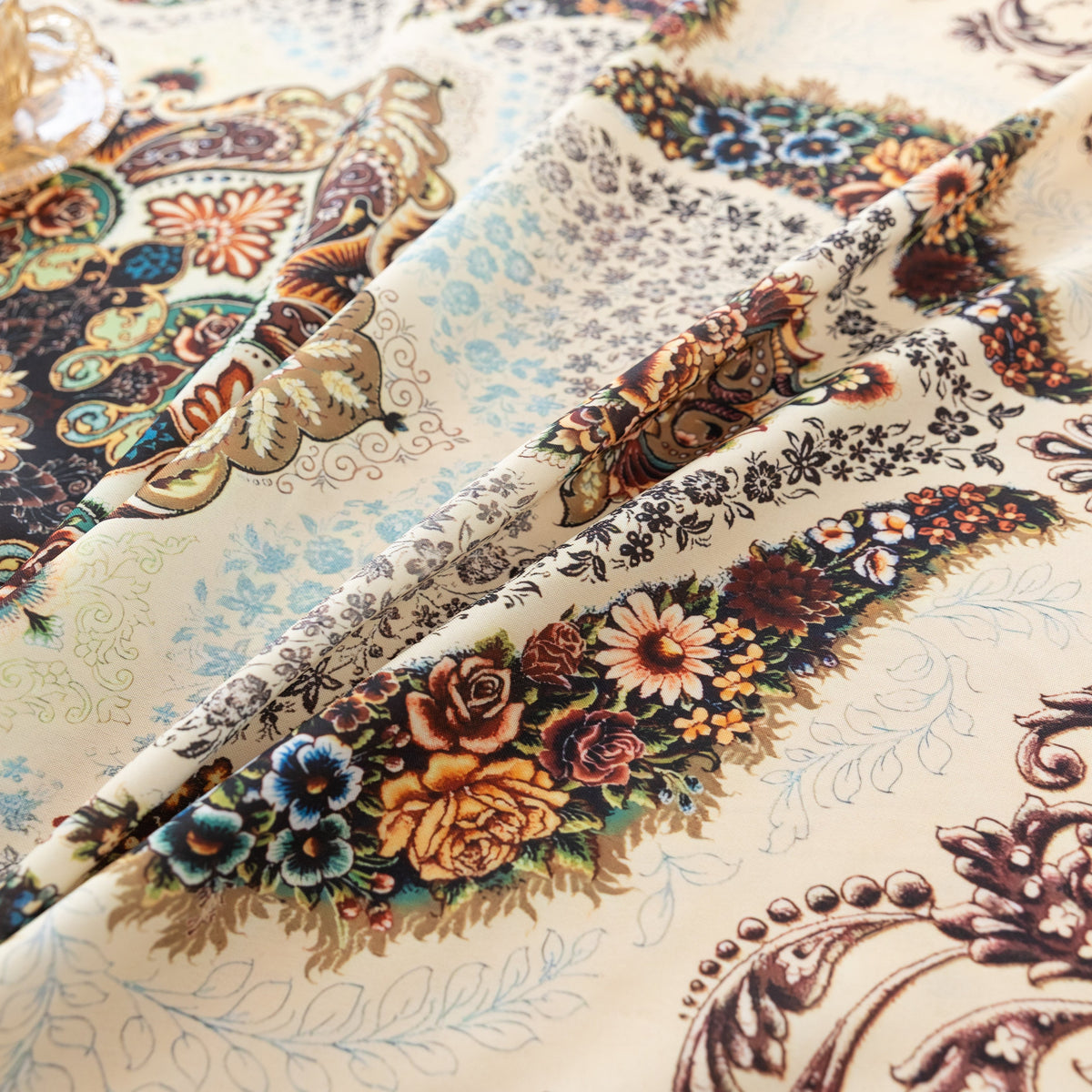 Brown Paisley Carpet Flower Printed Rectangle Tablecloth Boho Tassel Design
