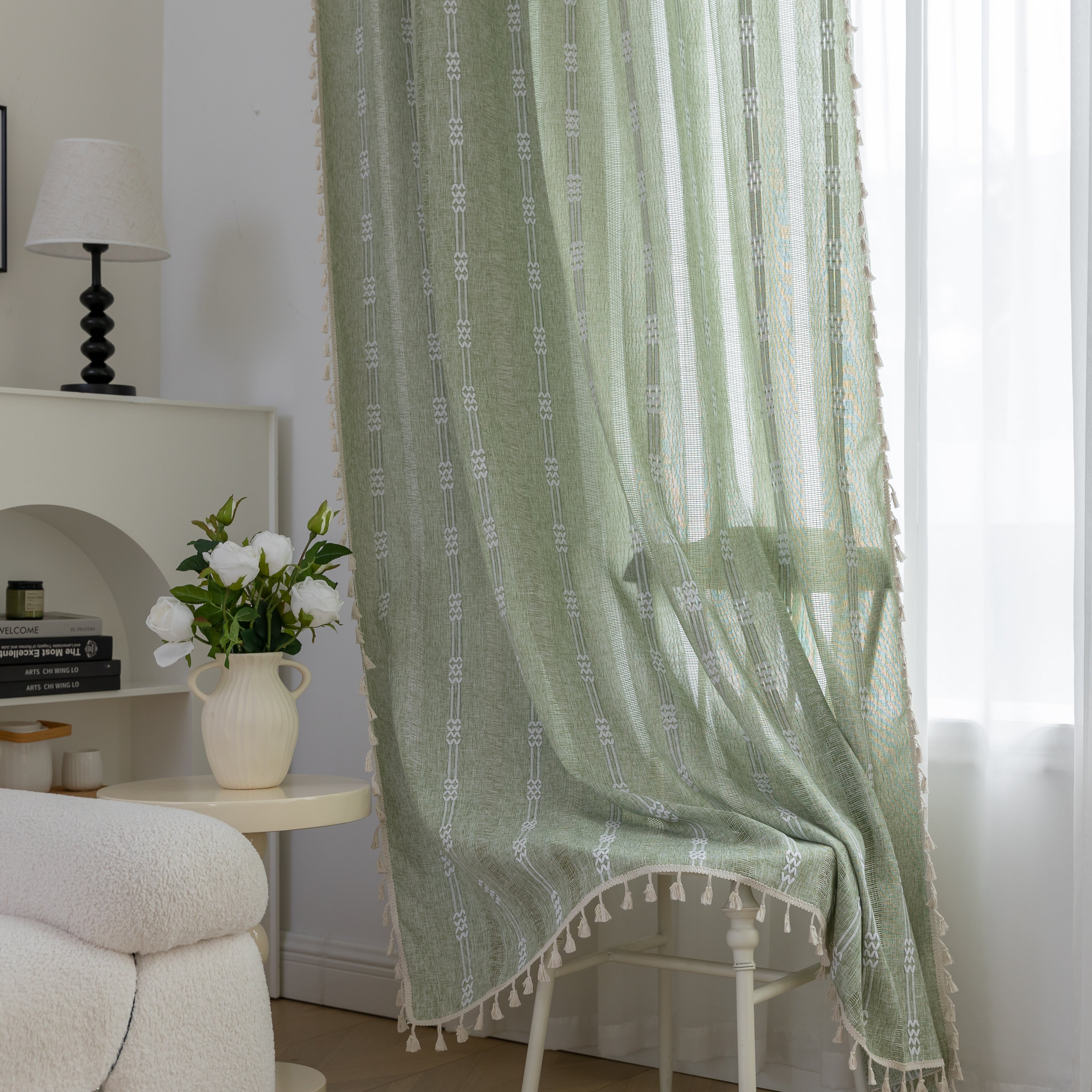 Boho Sage Green White Embroidery Curtains Rod Pocket Light Filtering 1 Panel