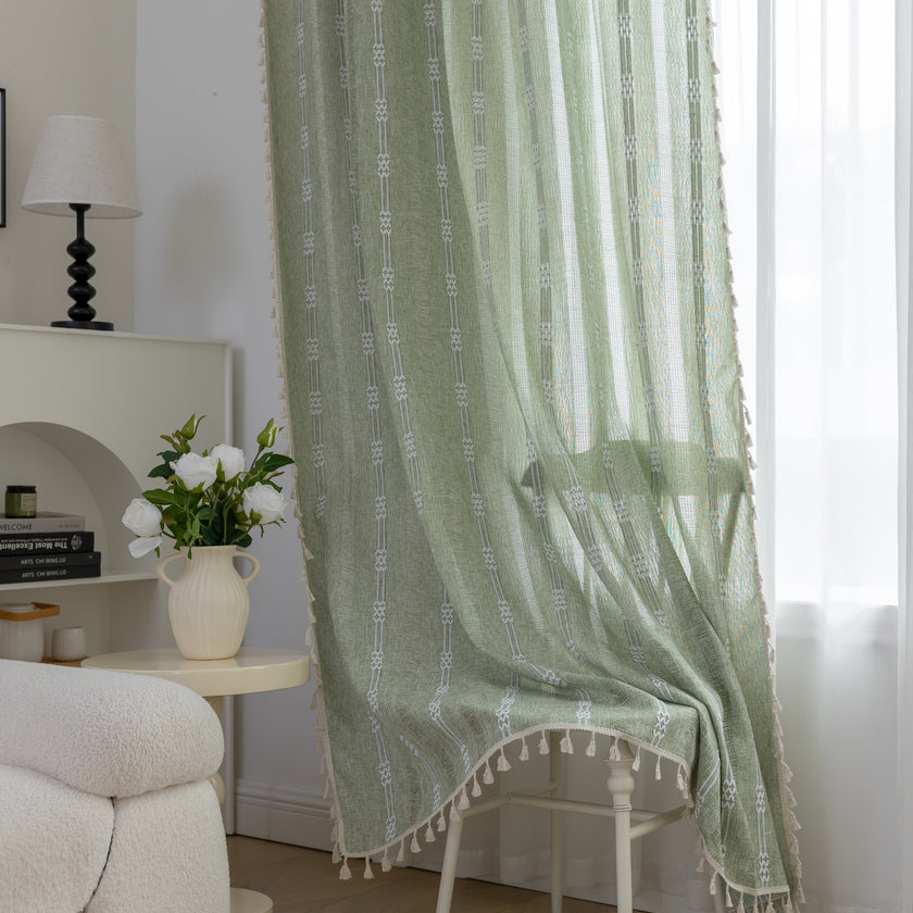 Boho Sage Green White Embroidery Curtains Rod Pocket Light Filtering 1 Panel