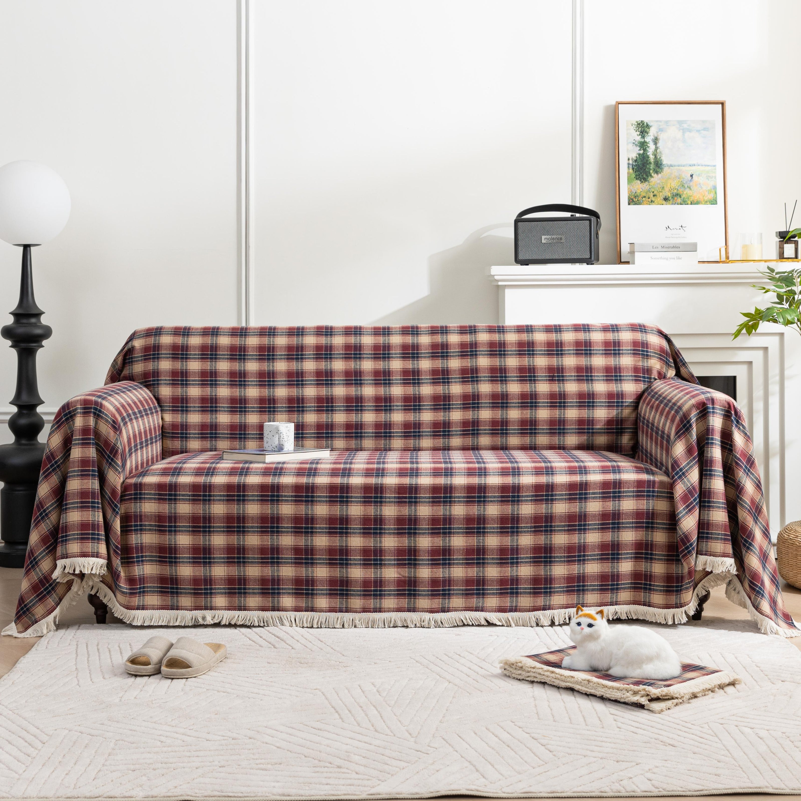 Red Plaid Couch Covers with Tassel