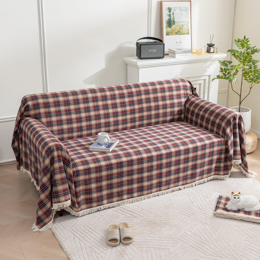 Red Plaid Couch Covers with Tassel
