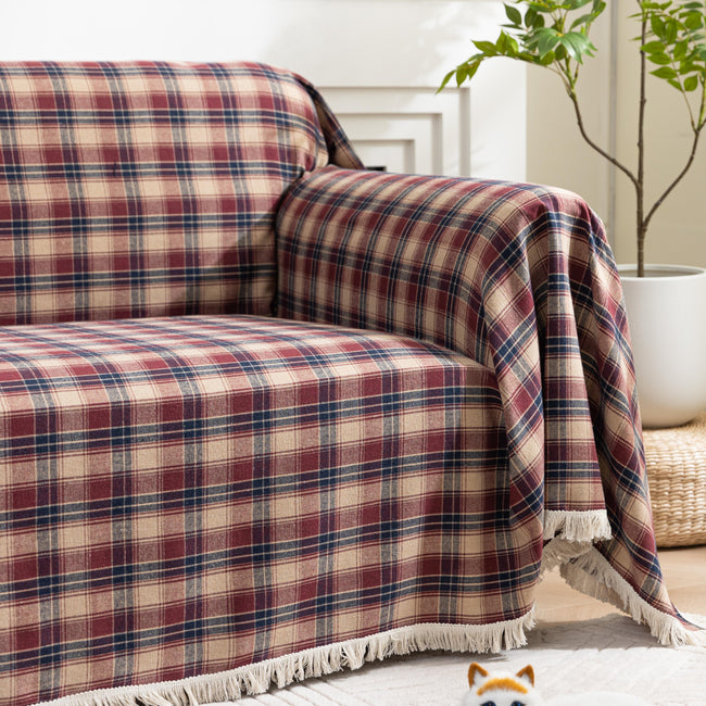Red Plaid Couch Covers with Tassel