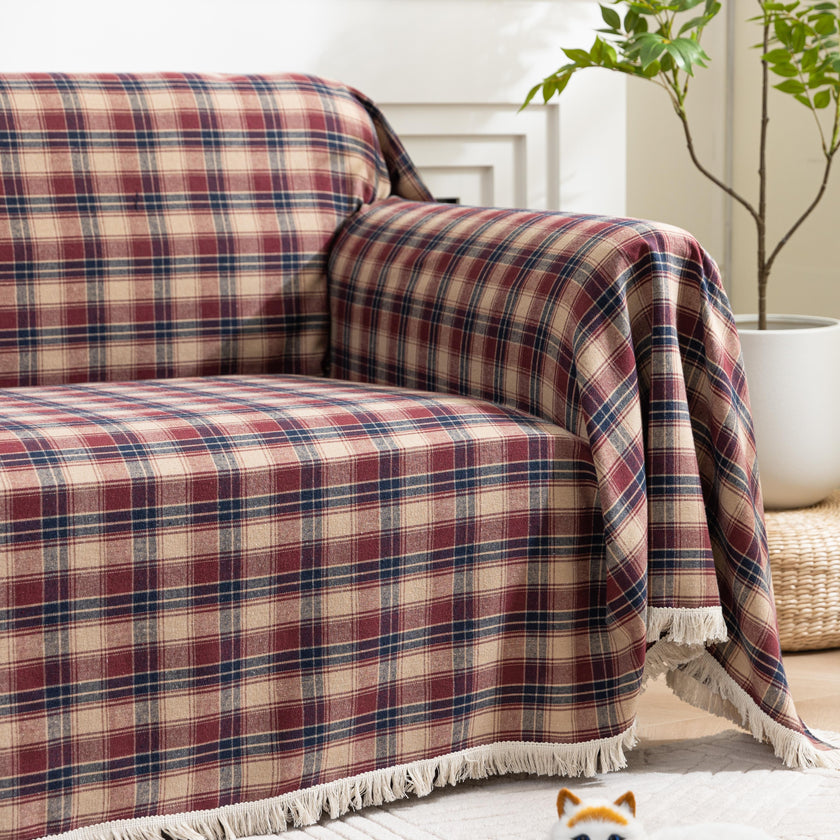 Red Plaid Couch Covers with Tassel
