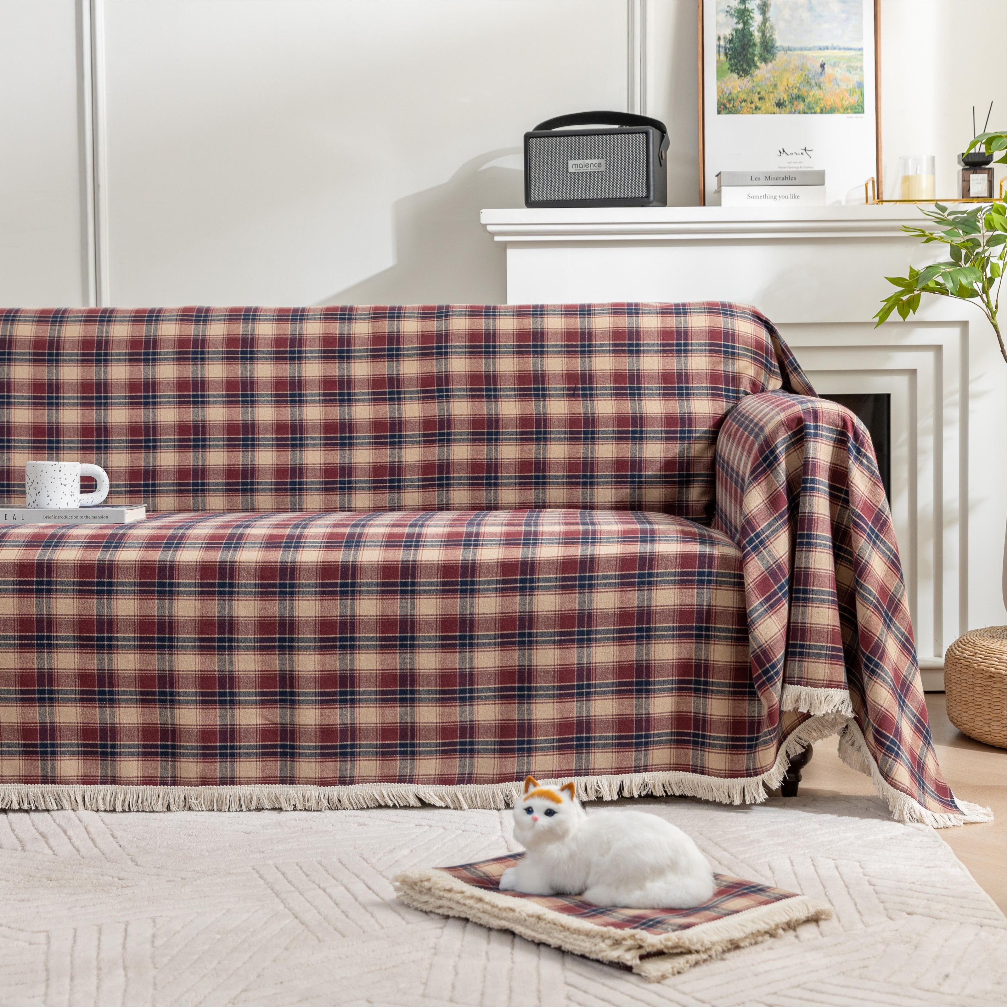 Red Plaid Couch Covers with Tassel