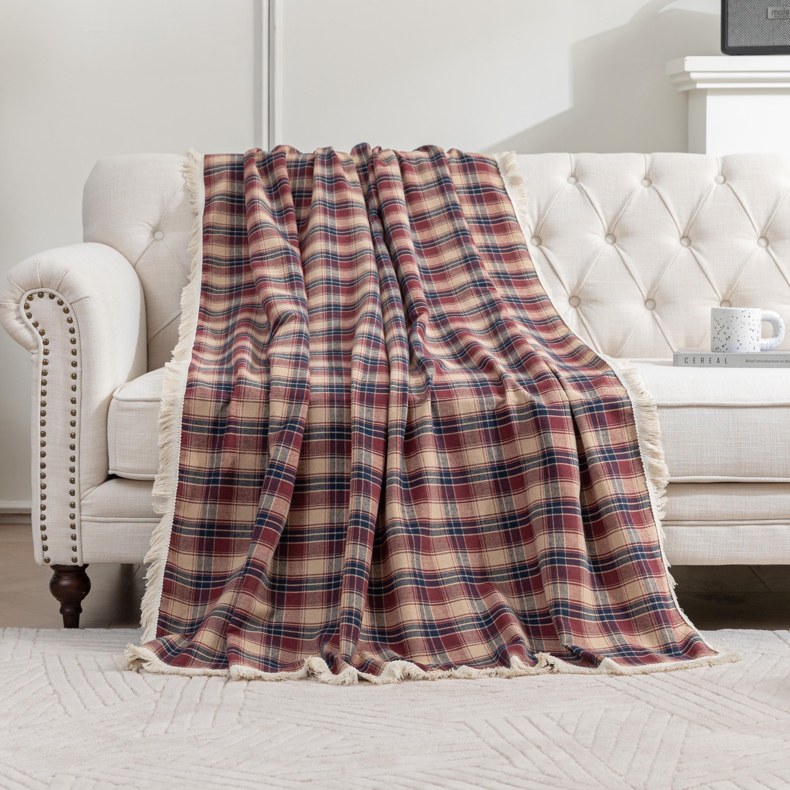 Red Plaid Couch Covers with Tassel