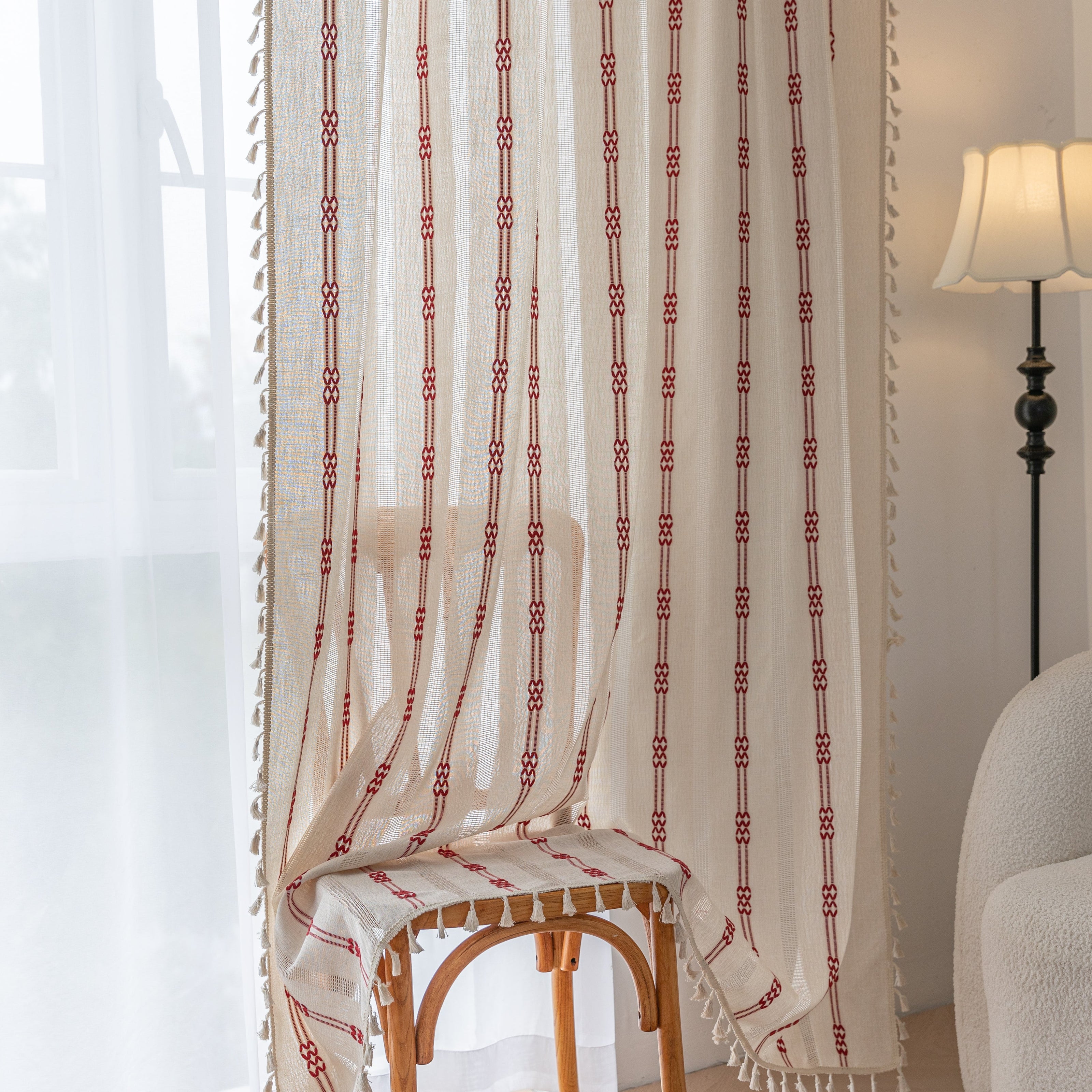 Red Embroidery Curtains Rod Pocket Light Filtering 1 Panel