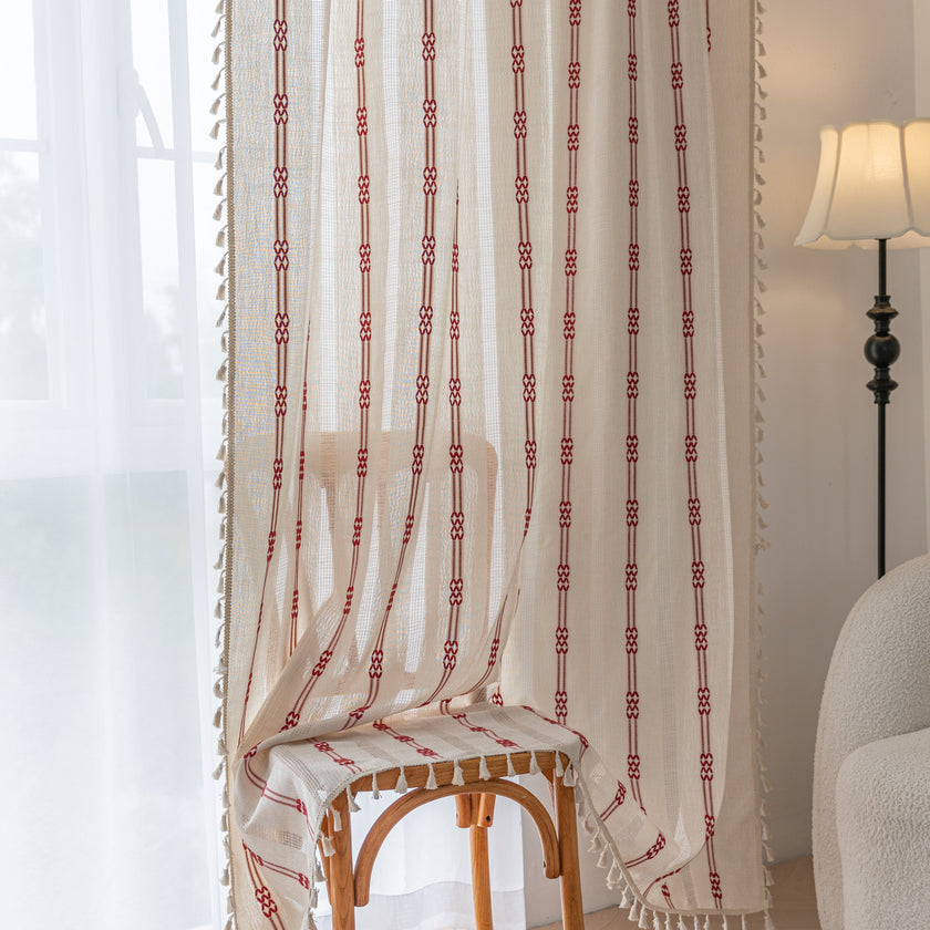 Red Embroidery Curtains Rod Pocket Light Filtering 1 Panel