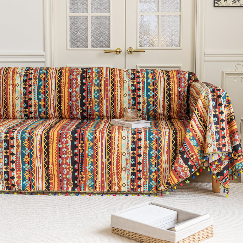Colorful Striped Sofa Cover with Tassel