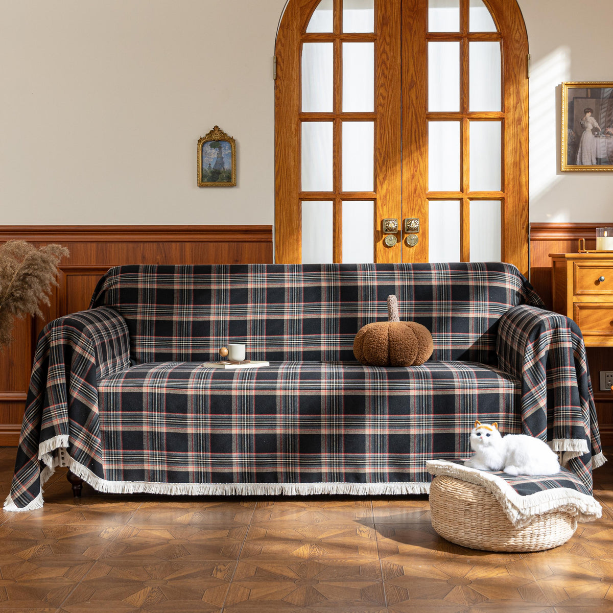 Black Plaid Couch Covers with Tassel