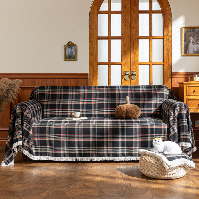 Black Plaid Couch Covers with Tassel