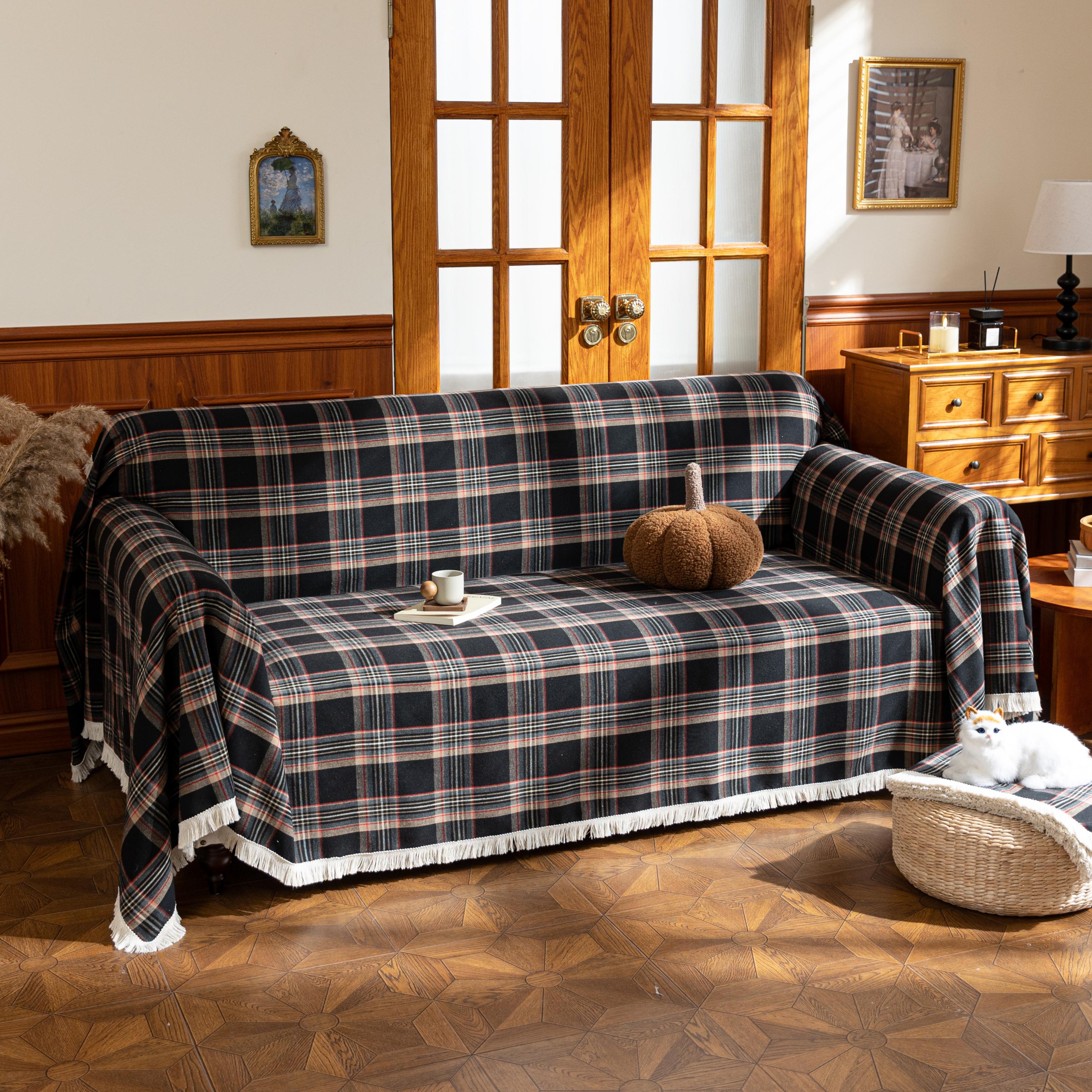 Black Plaid Couch Covers with Tassel