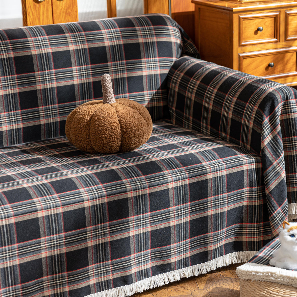 Black Plaid Couch Covers with Tassel