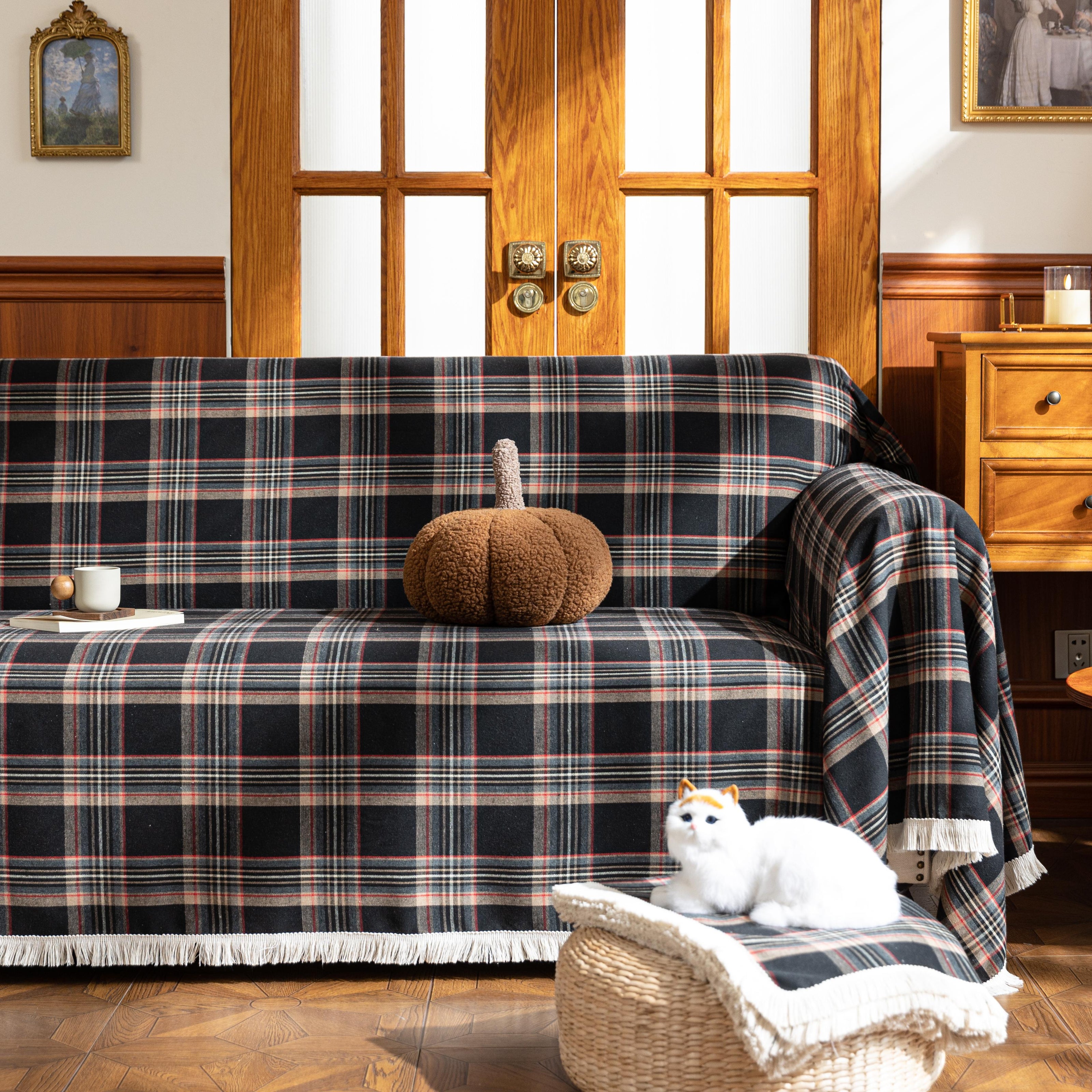 Black Plaid Couch Covers with Tassel
