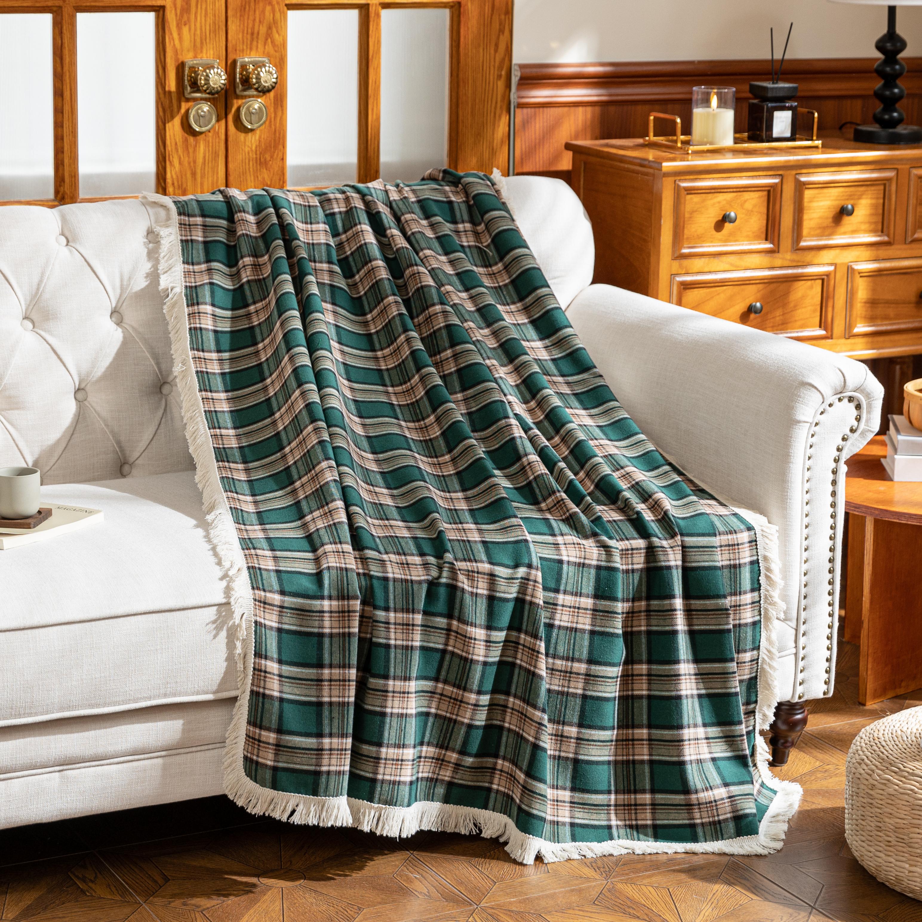 Green Yellow Plaid Couch Covers with Tassel