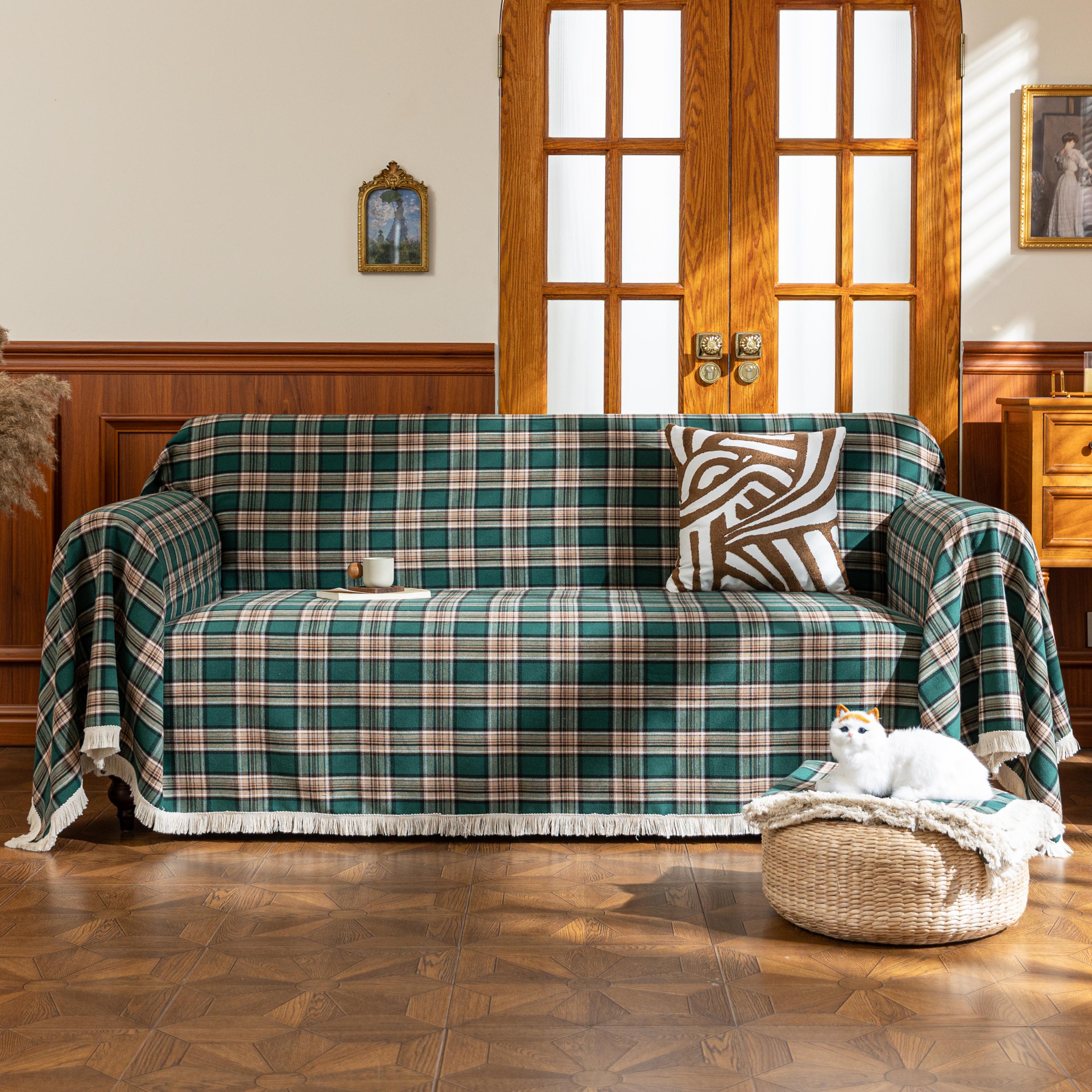 Green Yellow Plaid Couch Covers with Tassel