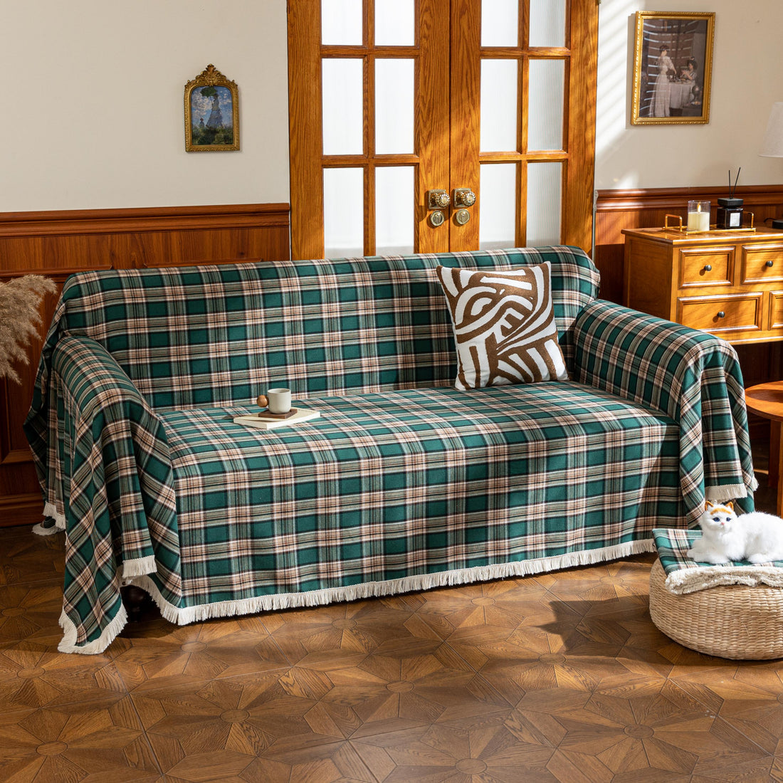 Green Yellow Plaid Couch Covers with Tassel
