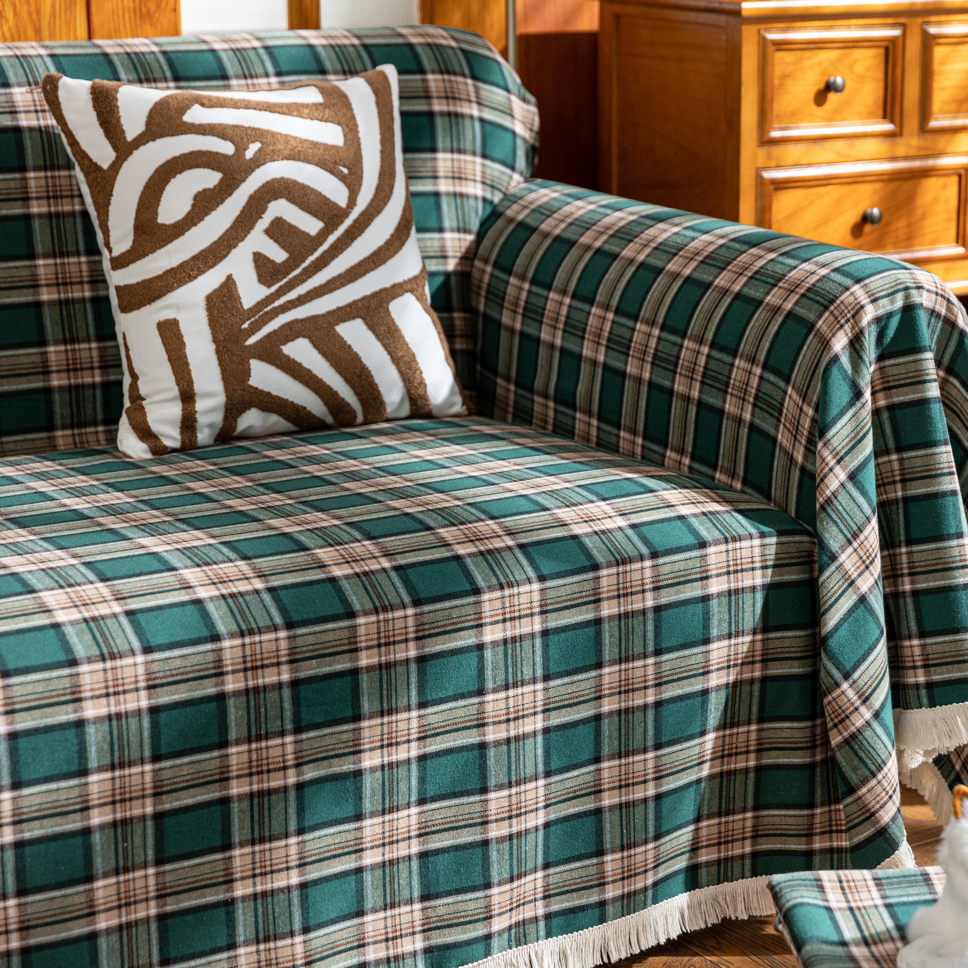 Green Yellow Plaid Couch Covers with Tassel