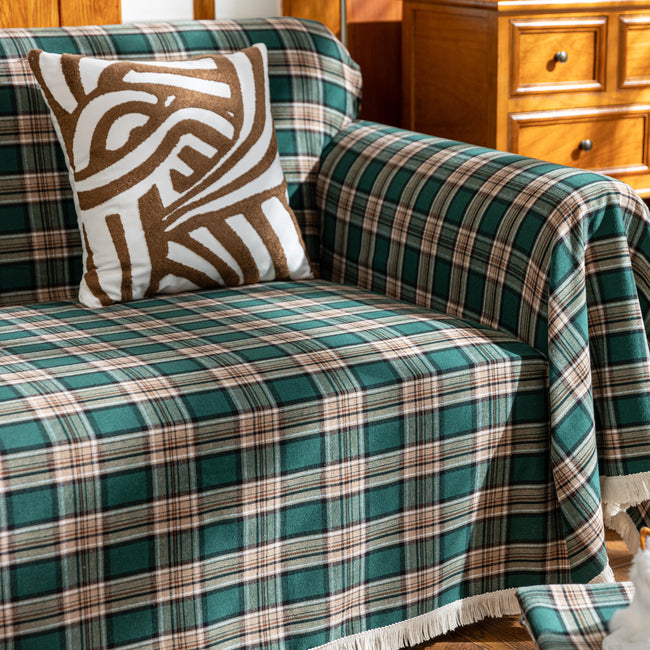 Green Yellow Plaid Couch Covers with Tassel