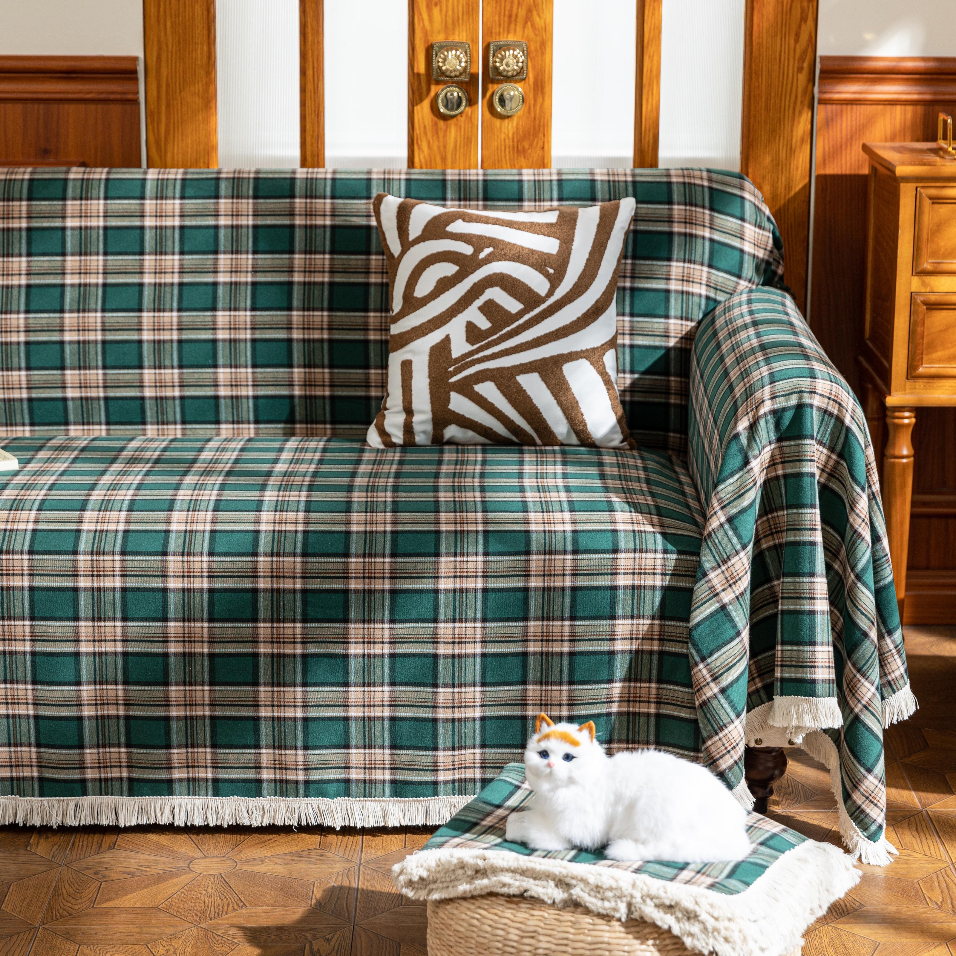 Green Yellow Plaid Couch Covers with Tassel
