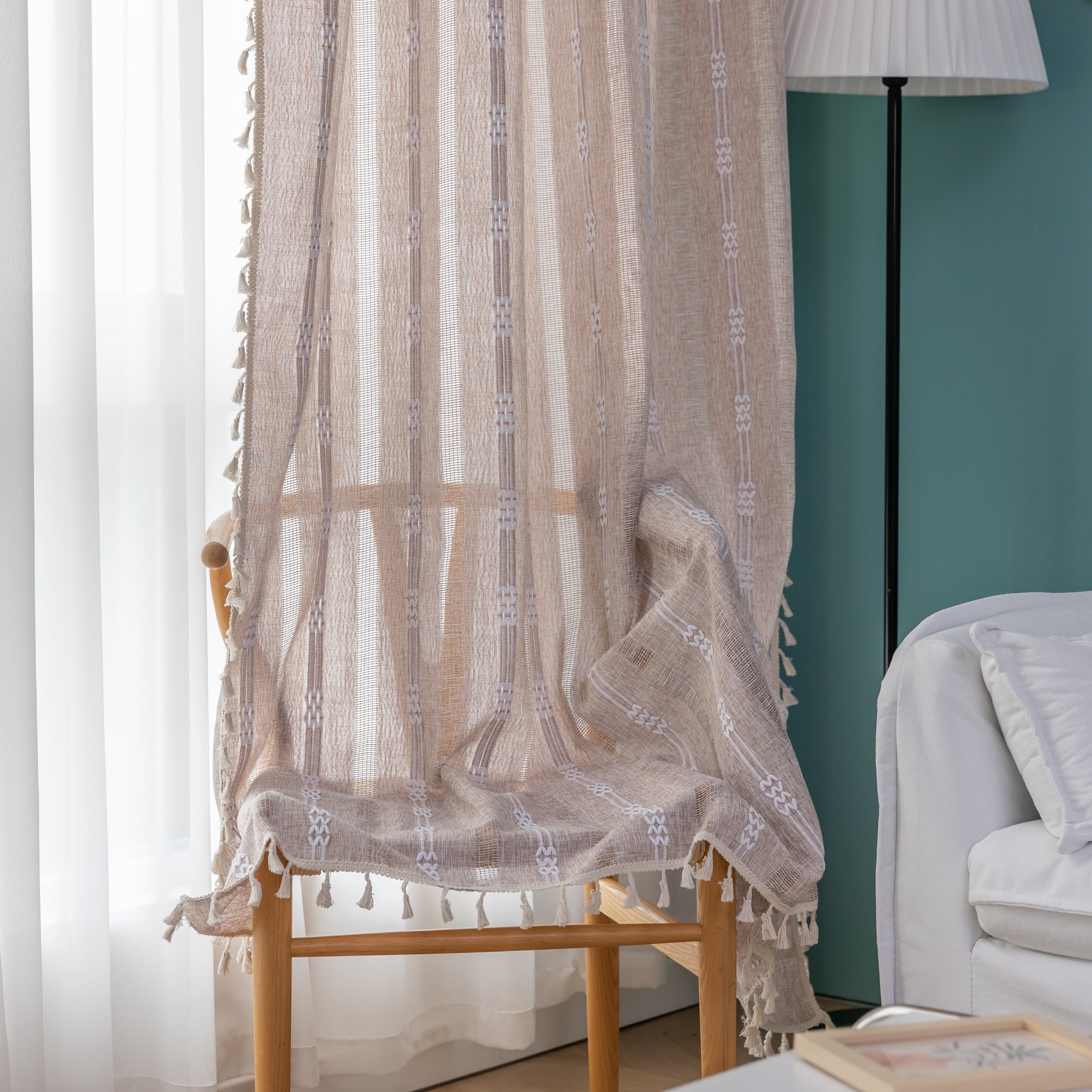 Boho Khaki / White Embroidery Curtains Rod Pocket Light Filtering 1 Panel