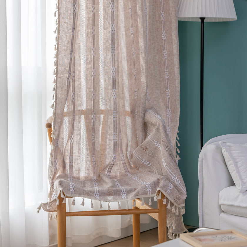 Boho Khaki / White Embroidery Curtains Rod Pocket Light Filtering 1 Panel