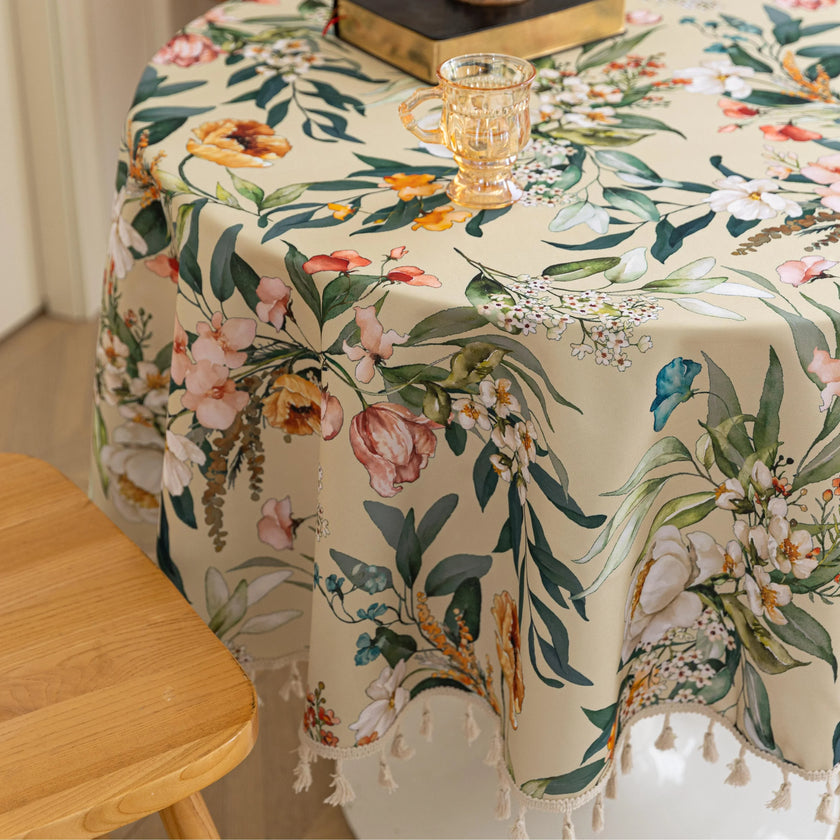 Green Floral Round Tablecloths Boho Tassel Design