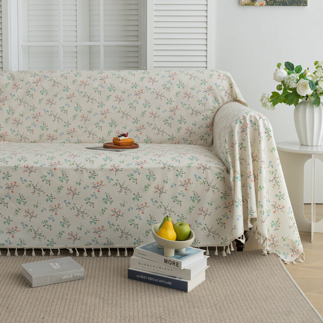 Small Florals On White Background Couch Covers with Tassel