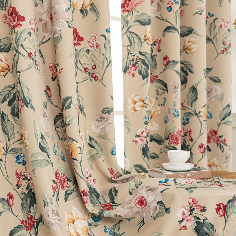 Blackout Vintage Flower Pattern Curtains Grommet 2 Panels