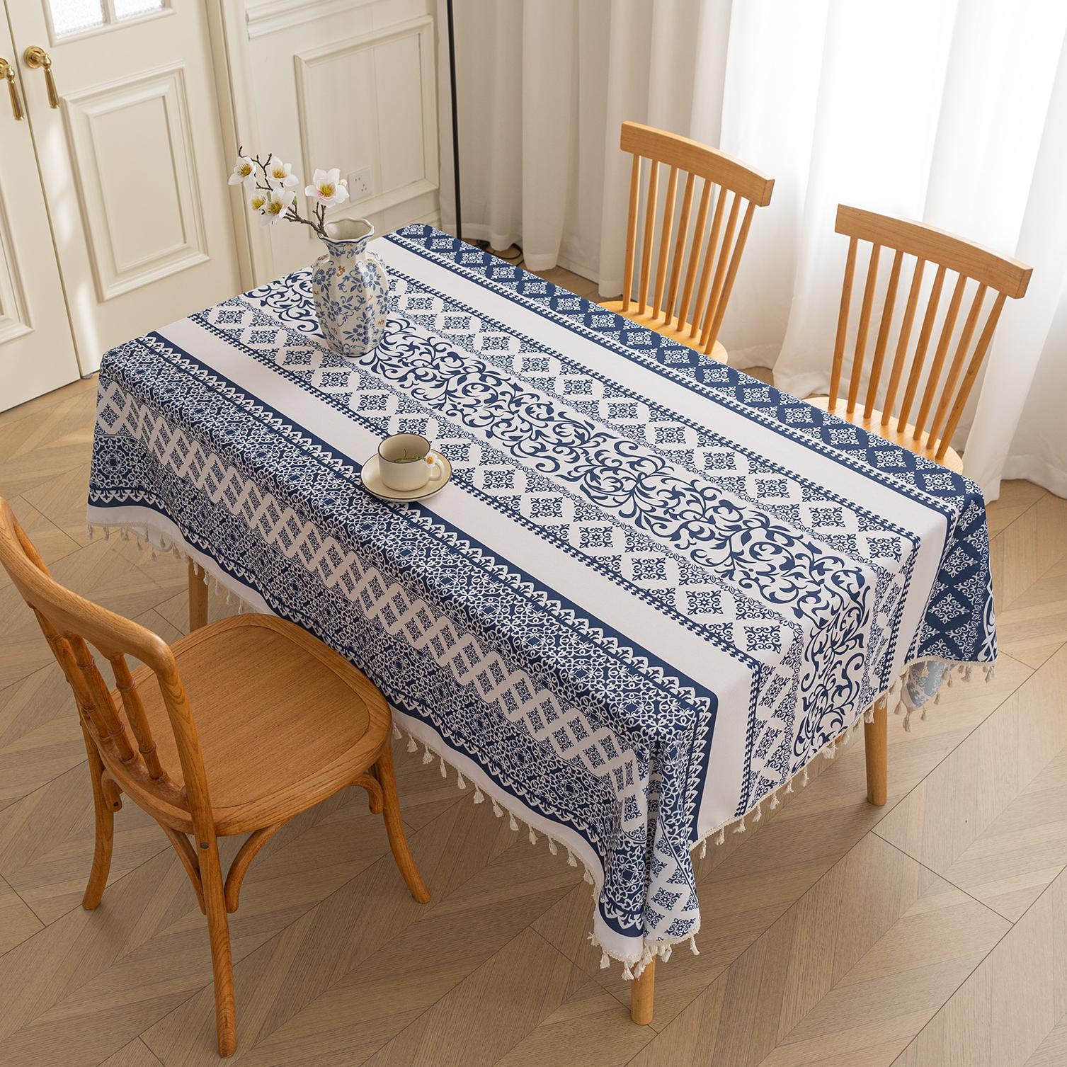 Blue Totem Rectangle Tablecloth Boho Tassel Design