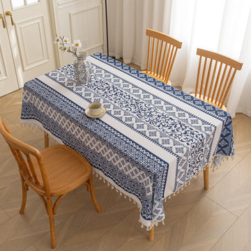 Blue Totem Rectangle Tablecloth Boho Tassel Design