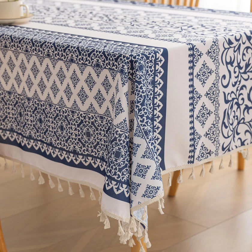 Blue Totem Rectangle Tablecloth Boho Tassel Design