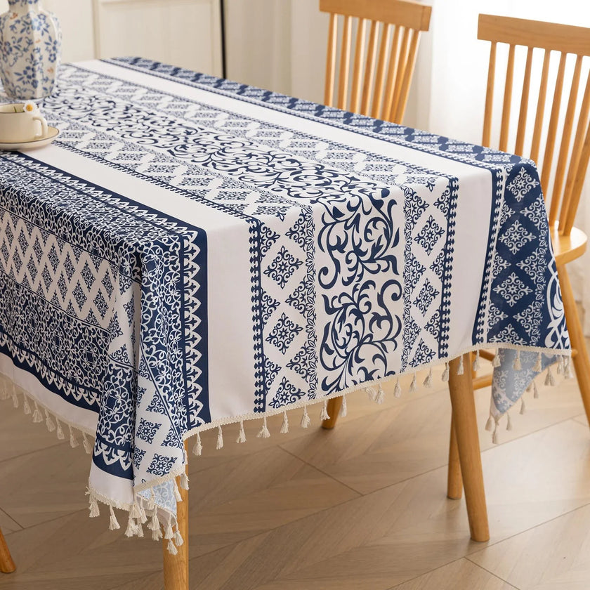 Blue Totem Rectangle Tablecloth Boho Tassel Design