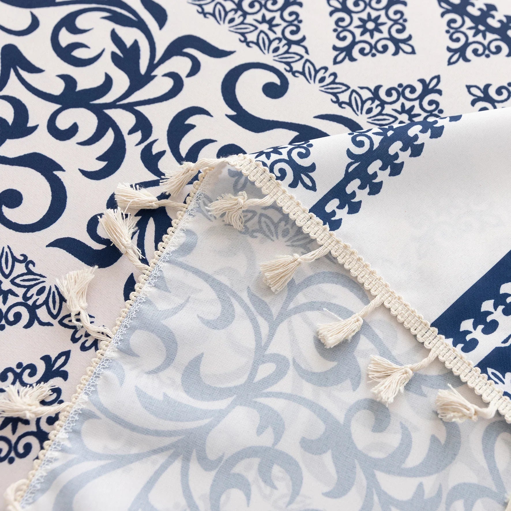 Blue Totem Rectangle Tablecloth Boho Tassel Design